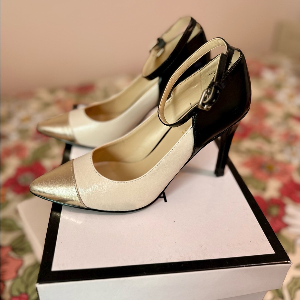 Nine West Black, White, and Gold Heels